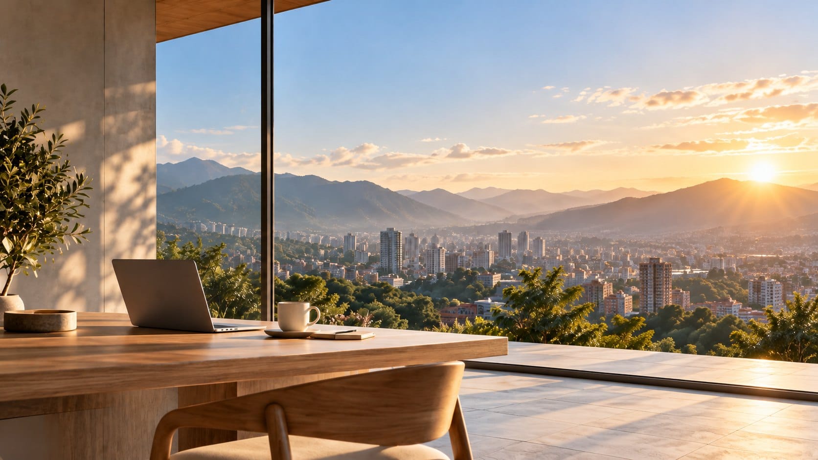 Escritorio con portátil frente a un ventanal con vistas a Medellín al amanecer